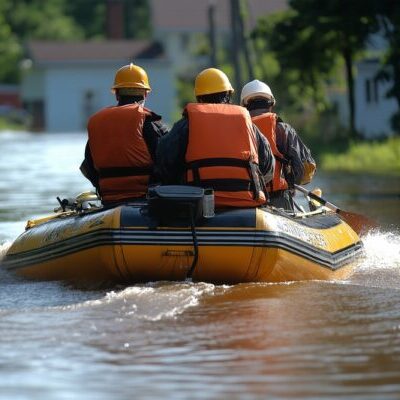 Rescue,Team,Navigating,A,Flooded,Residential,Street,In,An,Inflatable